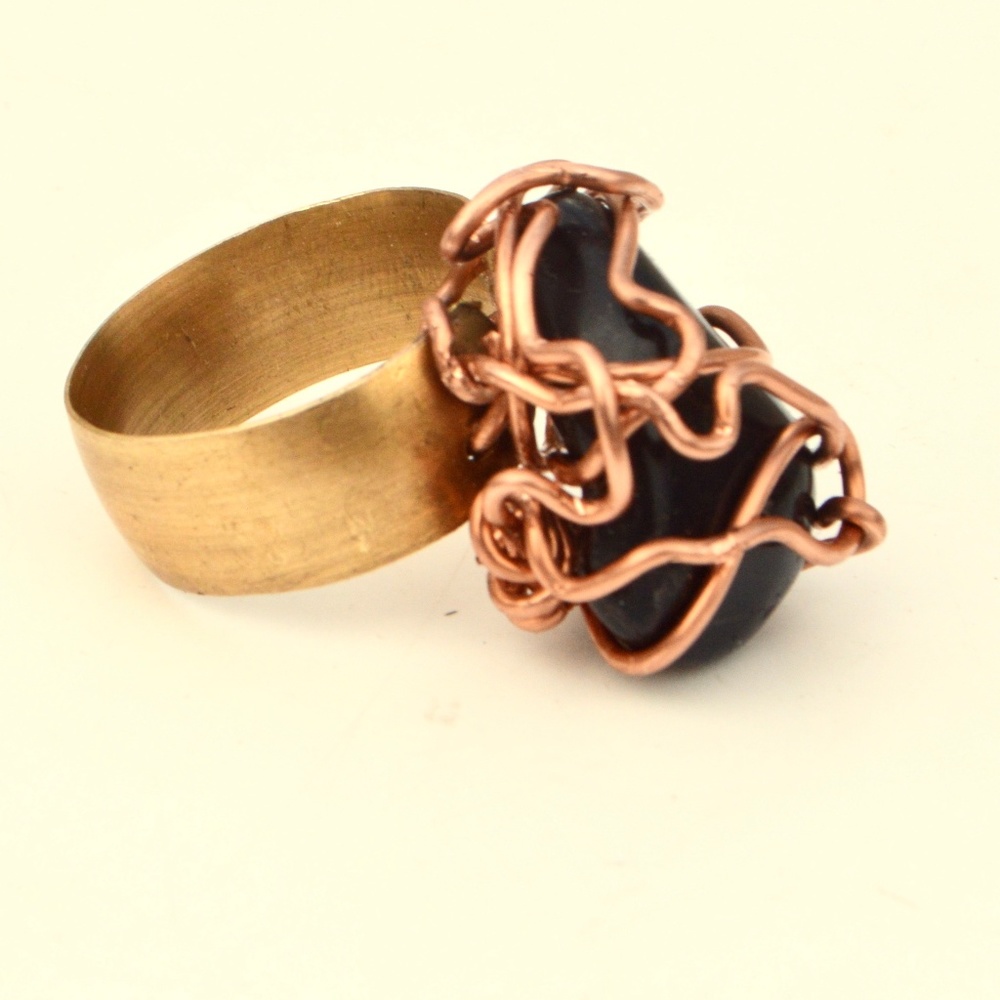 Custom Natural Black Onyx Brass Copper Ring Size - Picture 4 of 4